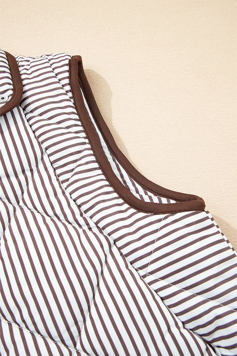 Striped Quilted Snap Front Contrast Trim Collared Vest